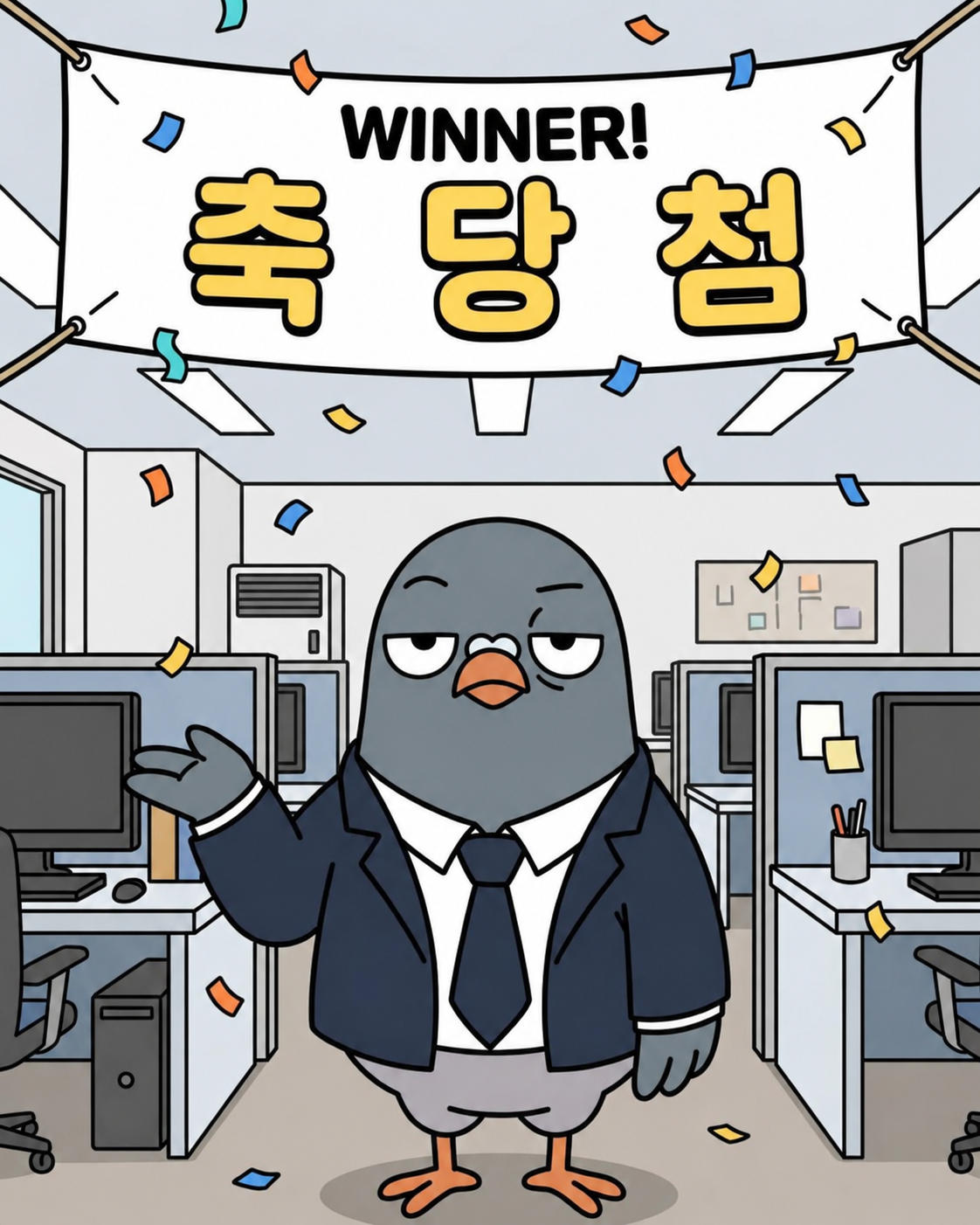 사무실에서 축 당첨 현수막 아래 서 있는 구구씨
